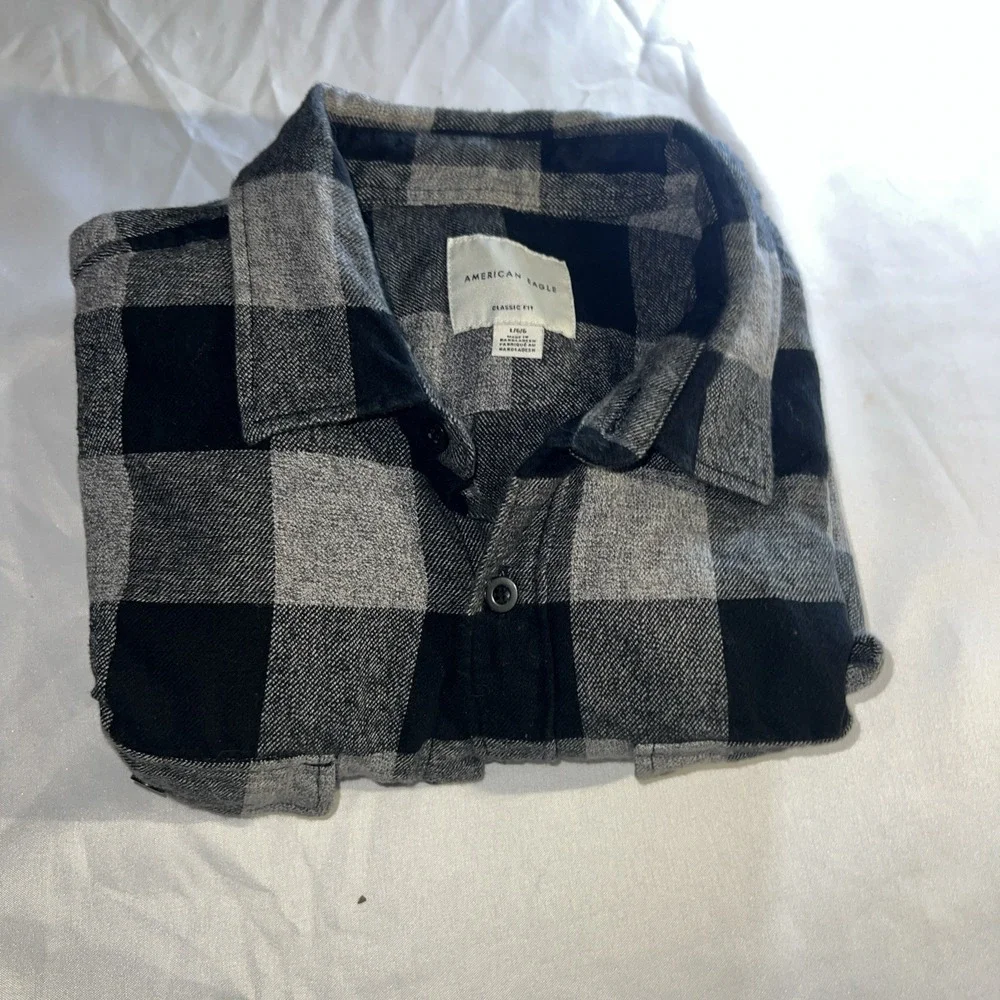 American‎ Eagle unisex large Long-Sleeve Flannel Plaid Shirt black / grey 149